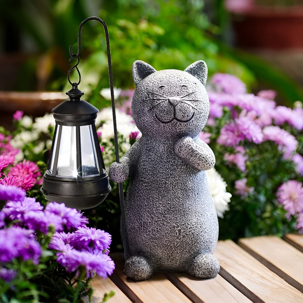 Cat Garden Statue With Solar Lantern Outdoor Decorative Light For Garden, Patio, And Balcony Ambience