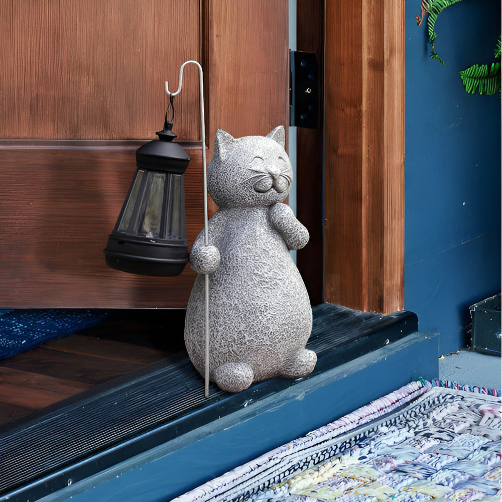 Cat Garden Statue With Solar Lantern Outdoor Decorative Light For Garden, Patio, And Balcony Ambience