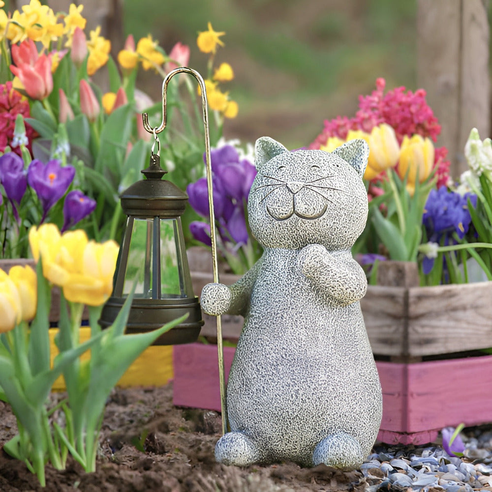 Cat Garden Statue With Solar Lantern Outdoor Decorative Light For Garden, Patio, And Balcony Ambience