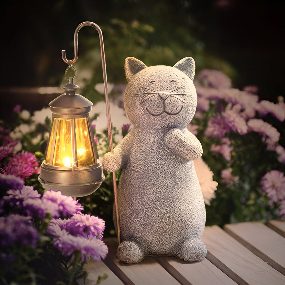Cat Garden Statue With Solar Lantern Outdoor Decorative Light For Garden, Patio, And Balcony Ambience