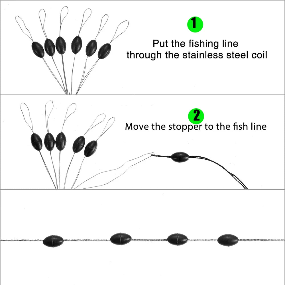 PRO BEROS 60Pcs 10Set Black Rubber Space Beans Oval Stopper Fishing Bobber Float Catfish Flotador Fishing Float Folat Line Stops 4