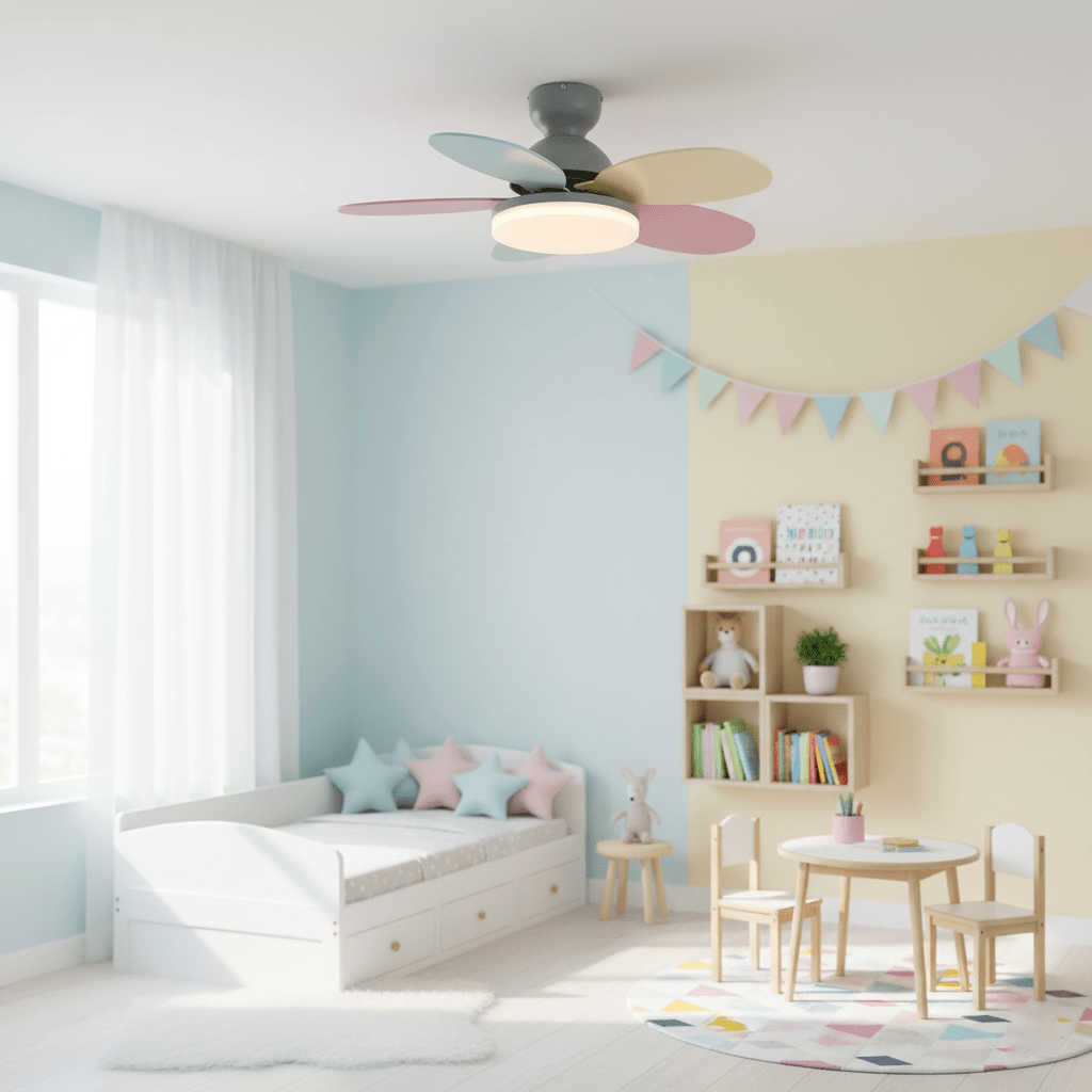 Loftventilator i blomstermotiv med LED-lys
