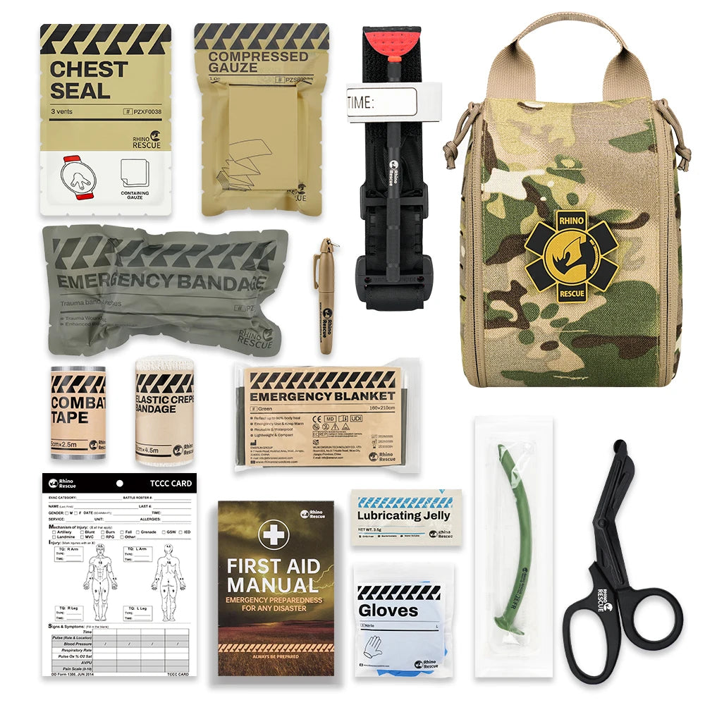 RHINO RESCUE EDC IFAK Survival Trauma Kit Molle Tactical Pouch With Metal Tourniquets,Bandage,Chest Seal For Camping Hiking Bag 8