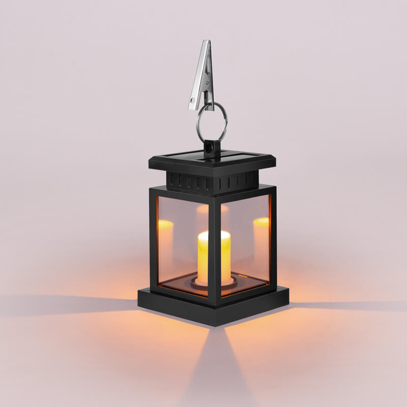 Solar Hanging Lantern With Glass Panels And LED Candle For Outdoor Decor Lighting On Patios And Gardens