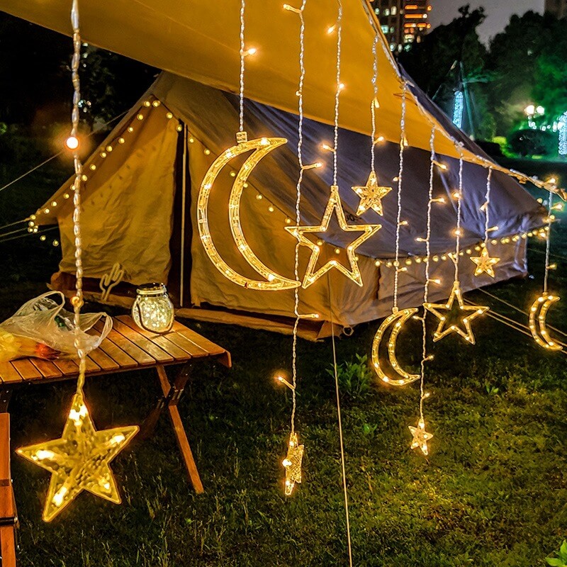 Solar String Lights With Star And Moon Hanging Shapes For Outdoor Decor