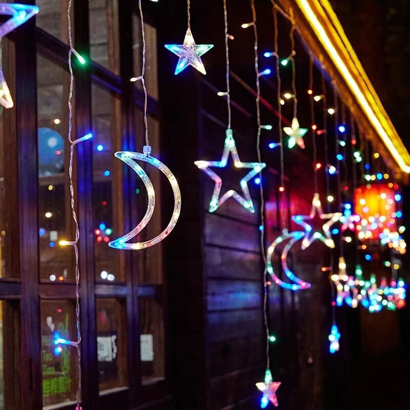 Solar String Lights With Star And Moon Hanging Shapes For Outdoor Decor