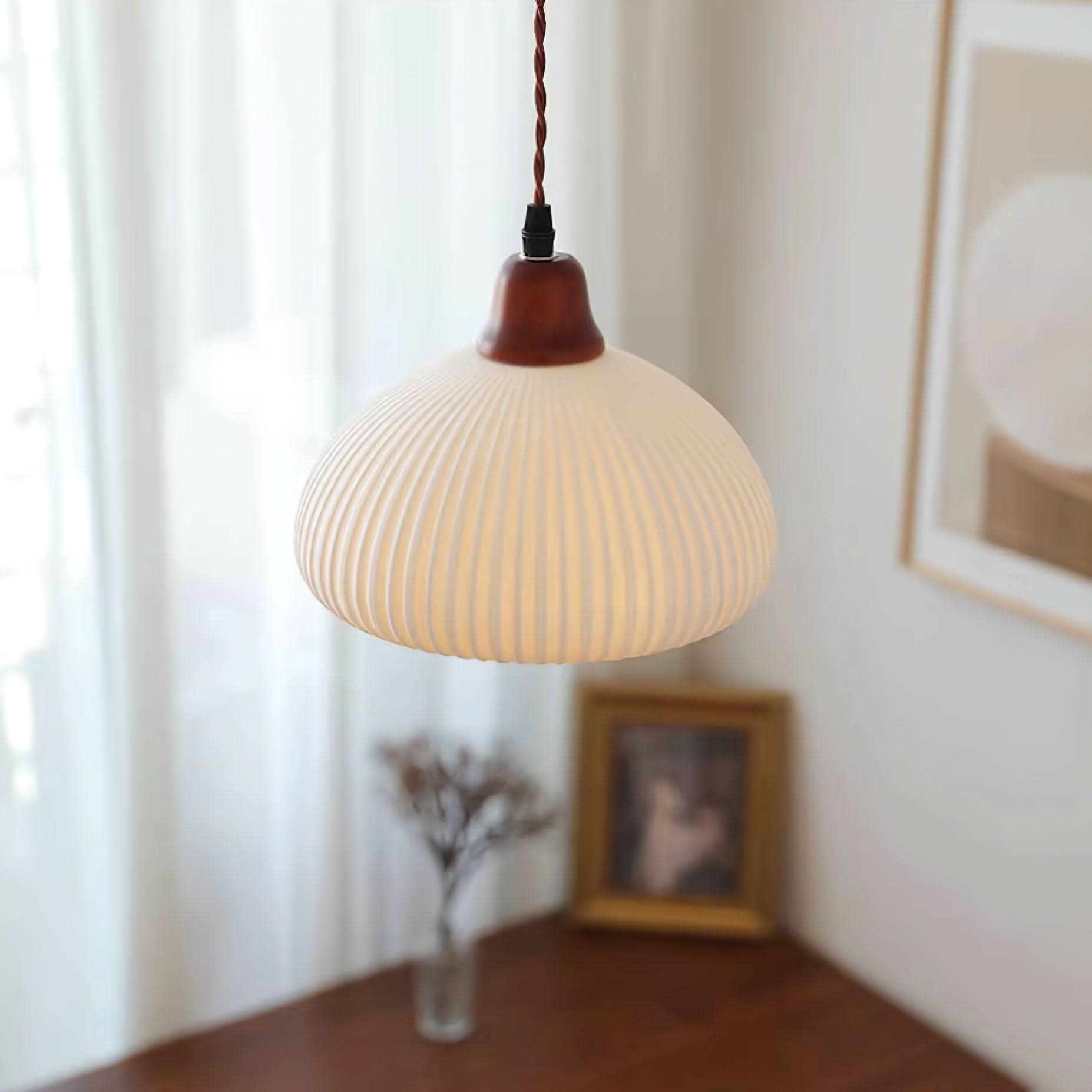 Suspension en céramique rustique avec accent en chêne pour salle à manger ou luminaire de plafond de cuisine style