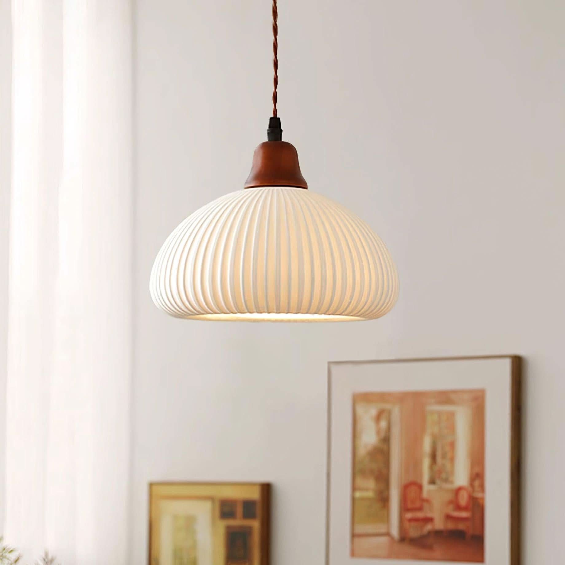 Suspension en céramique rustique avec accent en chêne pour salle à manger ou luminaire de plafond de cuisine style