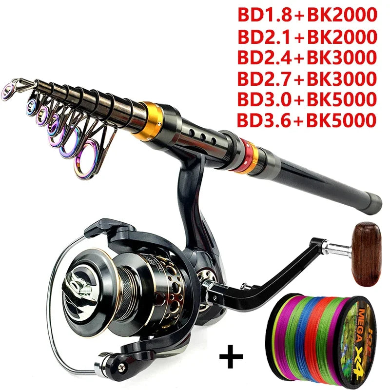 Spinning Fishing Rod and Reel Combo 1.8-3.6m Carbon Fiber Sea Pole and 5.2:1 Gear Ratio Metal Spool with Line Kits for Bass Carp 6