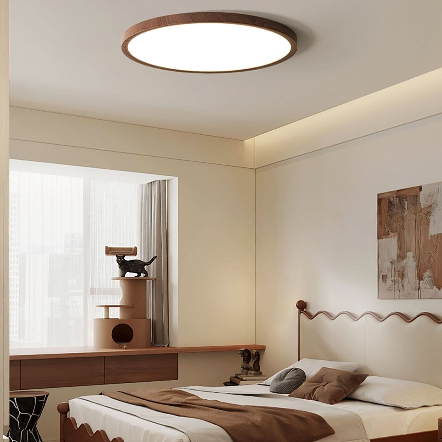 Slank ultratynd rund LED-loftlampe med valnødfinish til moderne hjem og opholdsrum i moderne interiører