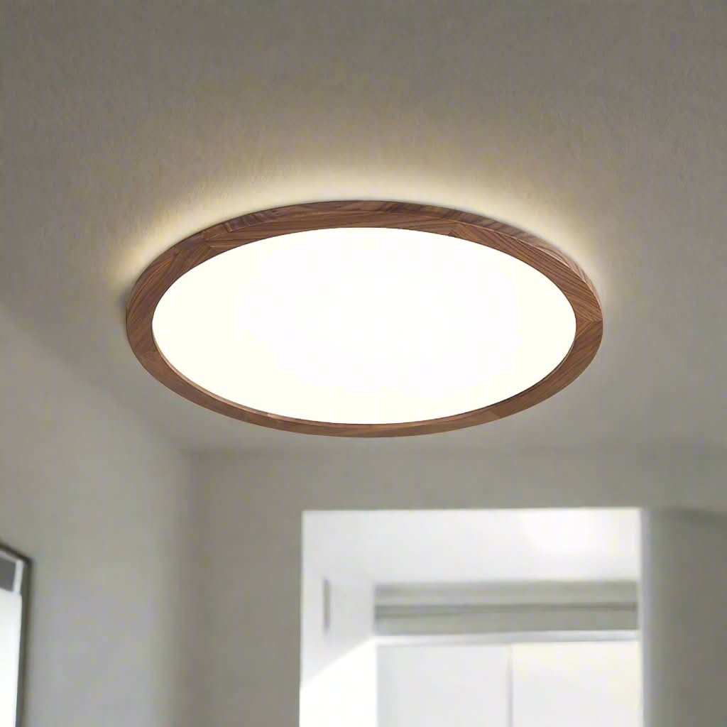 Slank ultratynd rund LED-loftlampe med valnødfinish til moderne hjem og opholdsrum i moderne interiører