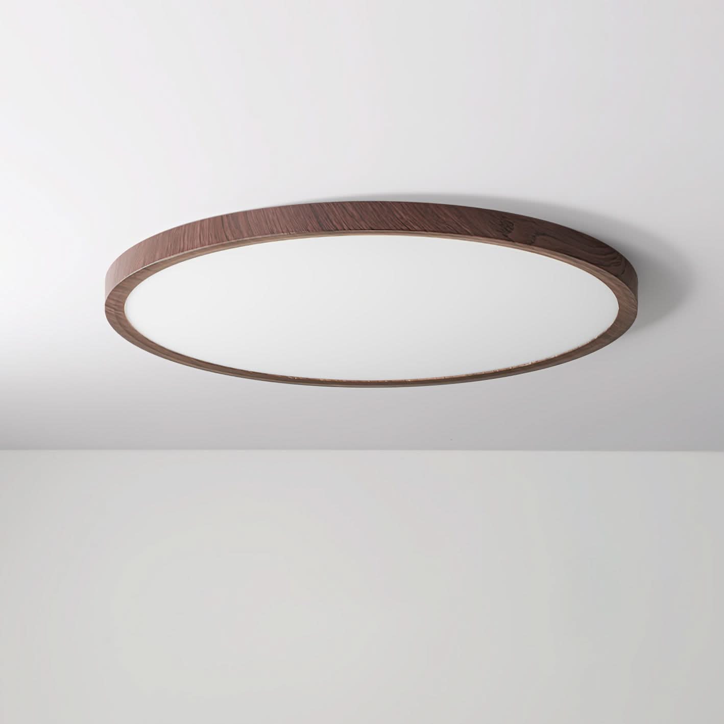 Slank ultratynd rund LED-loftlampe med valnødfinish til moderne hjem og opholdsrum i moderne interiører