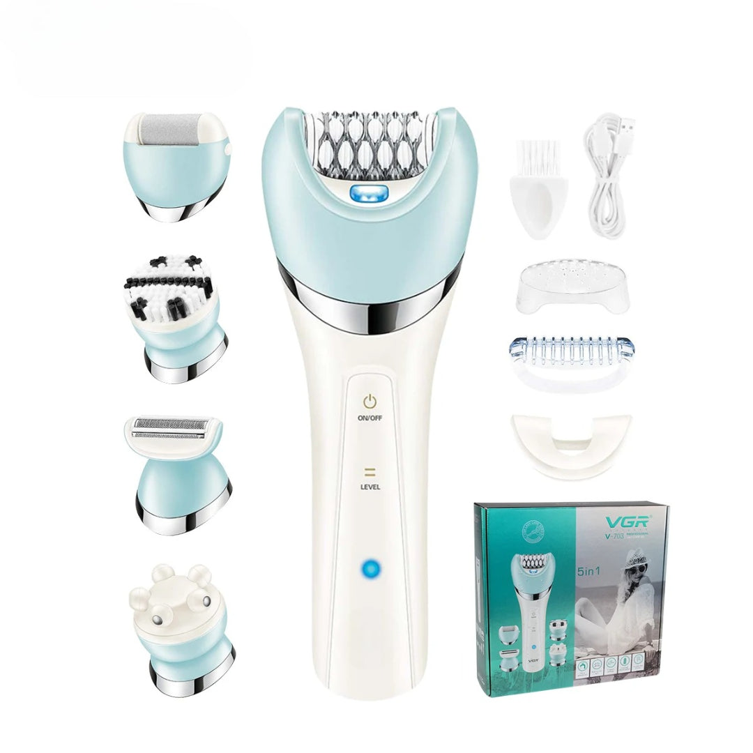 NovaLux 5-i-1 elektrisk epilator til kvinder, benskraber og kropshårfjerner, bikinitrimmer, ansigtsrensningsmassage