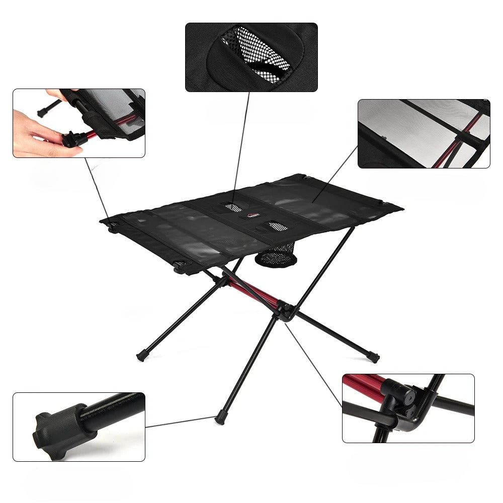 Kompakt foldbart campbord med kopholdere og netlomme, letvægts udendørs picnicbord til vandreture, rejser og strand
