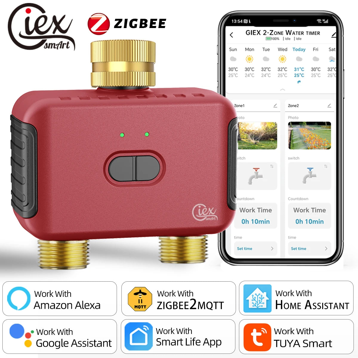 WIFI & ZIGBEE 2-Zone Watering Timer Smart Garden Automatic Irrigation System Drip Sprinkler Controller Valve Tuya 2MQTT ZHA 0