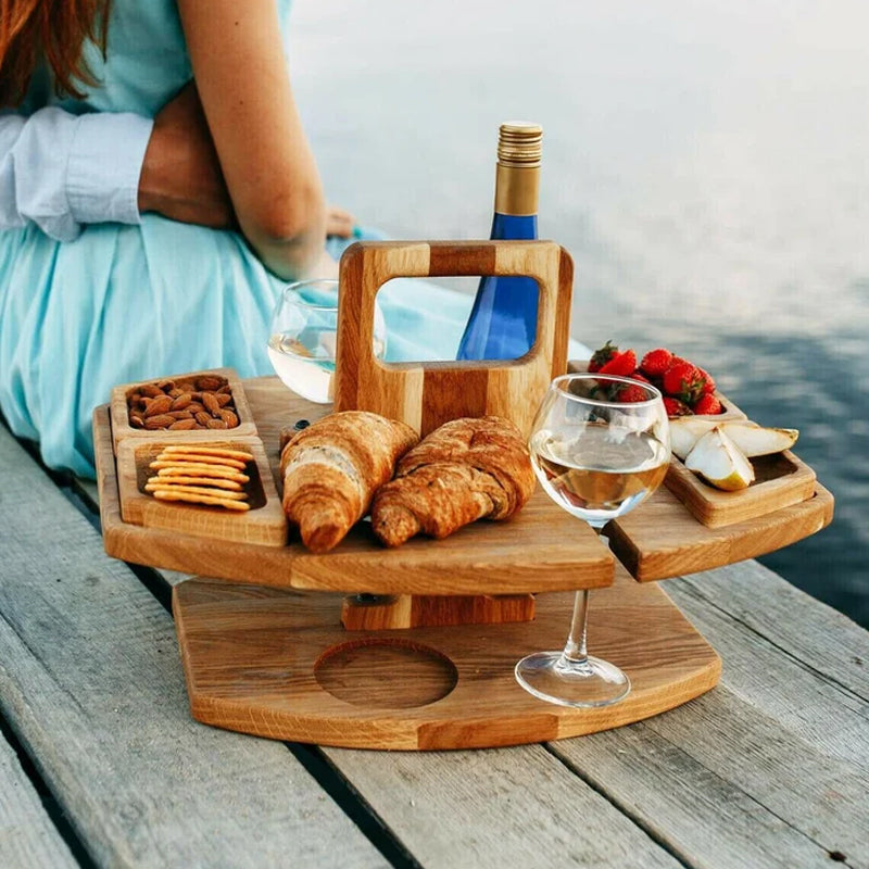 Mesa de picnic plegable Trail Haven con portavasos de vidrio, diseño portátil de madera para comidas y reuniones al aire libre