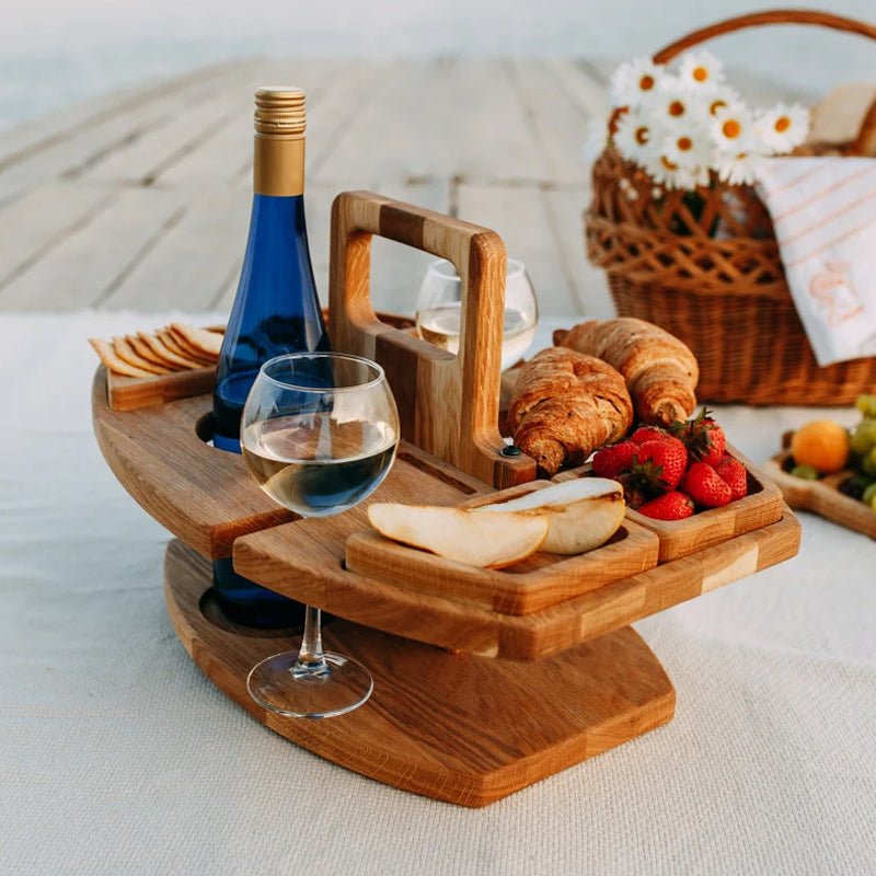 Mesa de picnic plegable Trail Haven con portavasos de vidrio, diseño portátil de madera para comidas y reuniones al aire libre