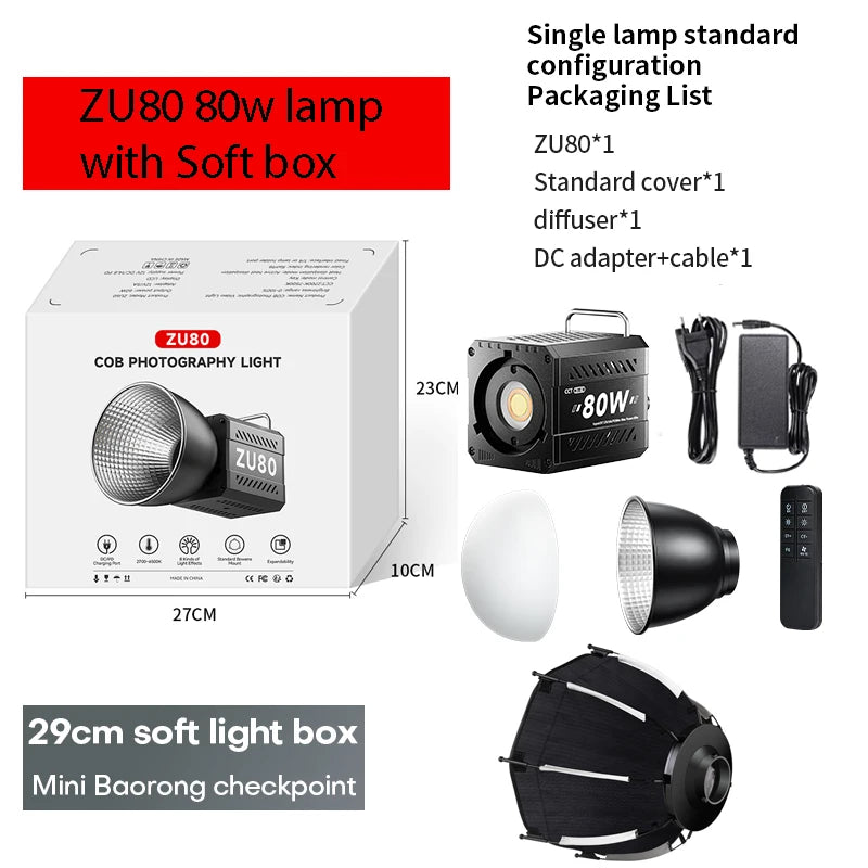ZU80/ZU60 Photo Studio Light COB Bi-Color 2500-8500K CRI≥95 TLCI≥97 With Diffuser LED Video Lights Fill Lighting 6