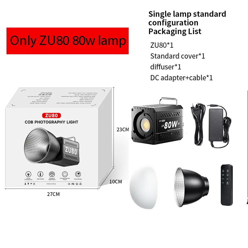 ZU80/ZU60 Photo Studio Light COB Bi-Color 2500-8500K CRI≥95 TLCI≥97 With Diffuser LED Video Lights Fill Lighting 8