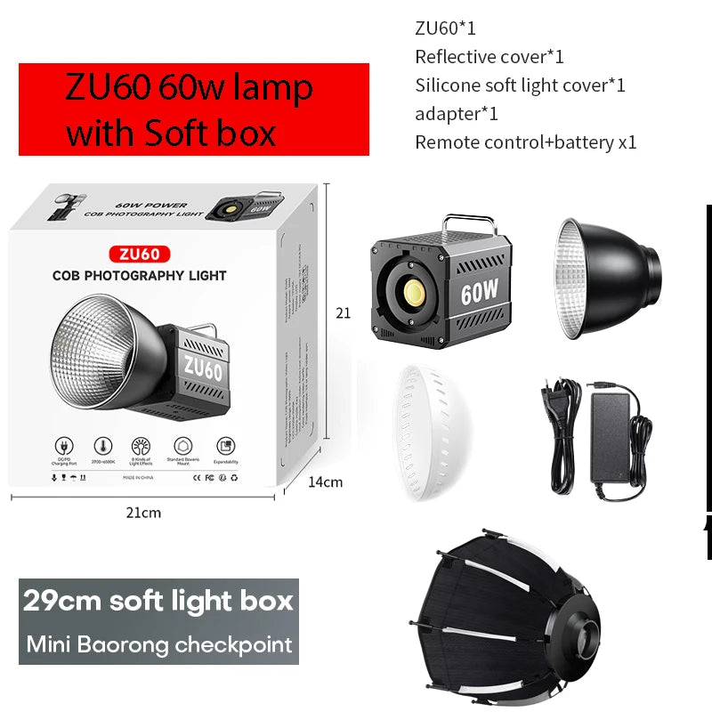 ZU80/ZU60 Photo Studio Light COB Bi-Color 2500-8500K CRI≥95 TLCI≥97 With Diffuser LED Video Lights Fill Lighting 9