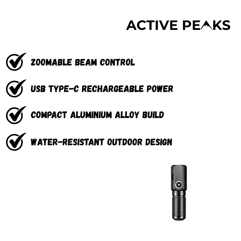 Lampe de poche légère rechargeable par USB avec zoom pour camping et usage extérieur SummitGlow portable
