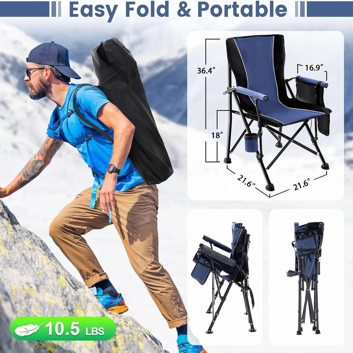 Chaise de camping pliante chauffante avec porte-gobelet, ultra portable et robuste pour usage extérieur