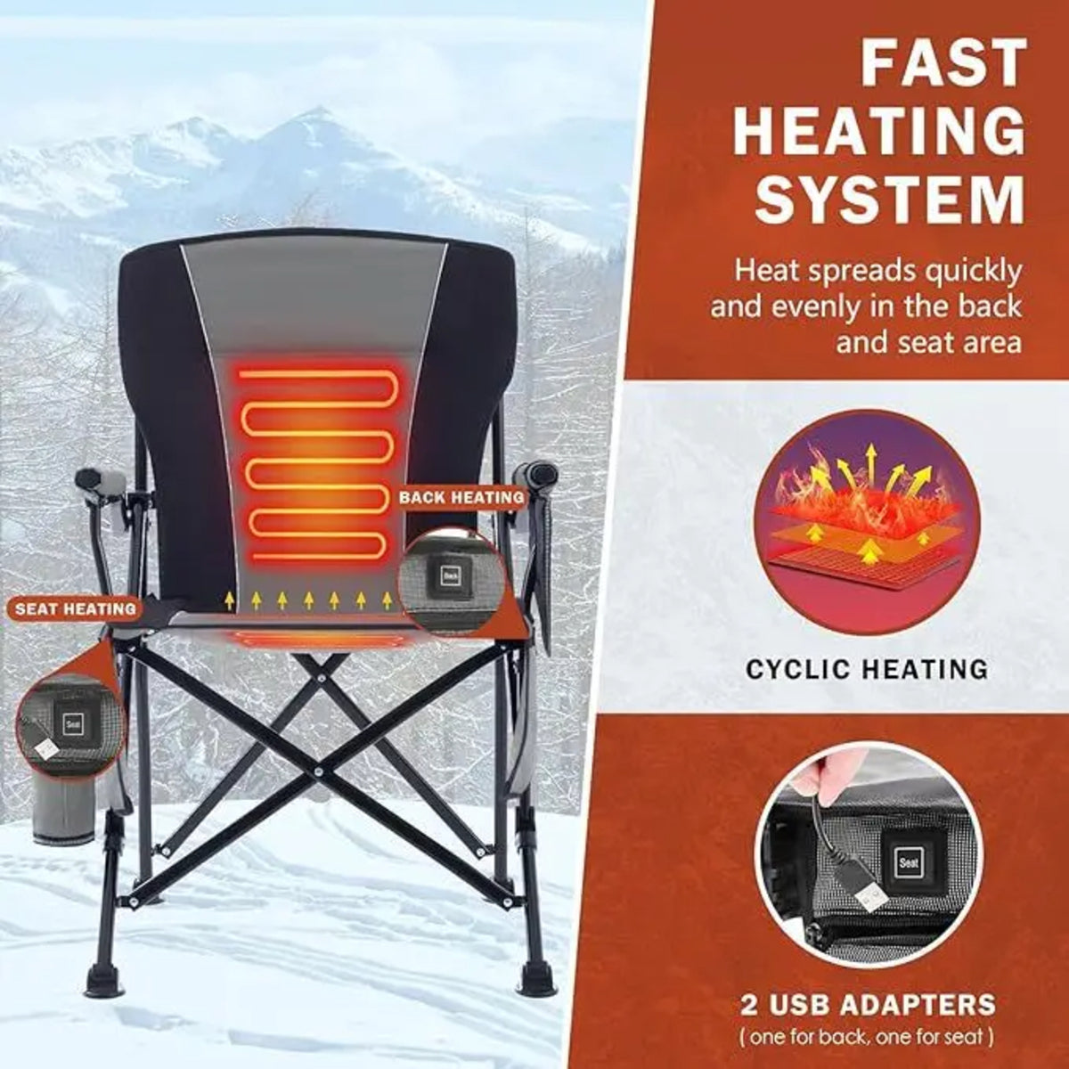 Chaise de camping pliante chauffante avec porte-gobelet, ultra portable et robuste pour usage extérieur