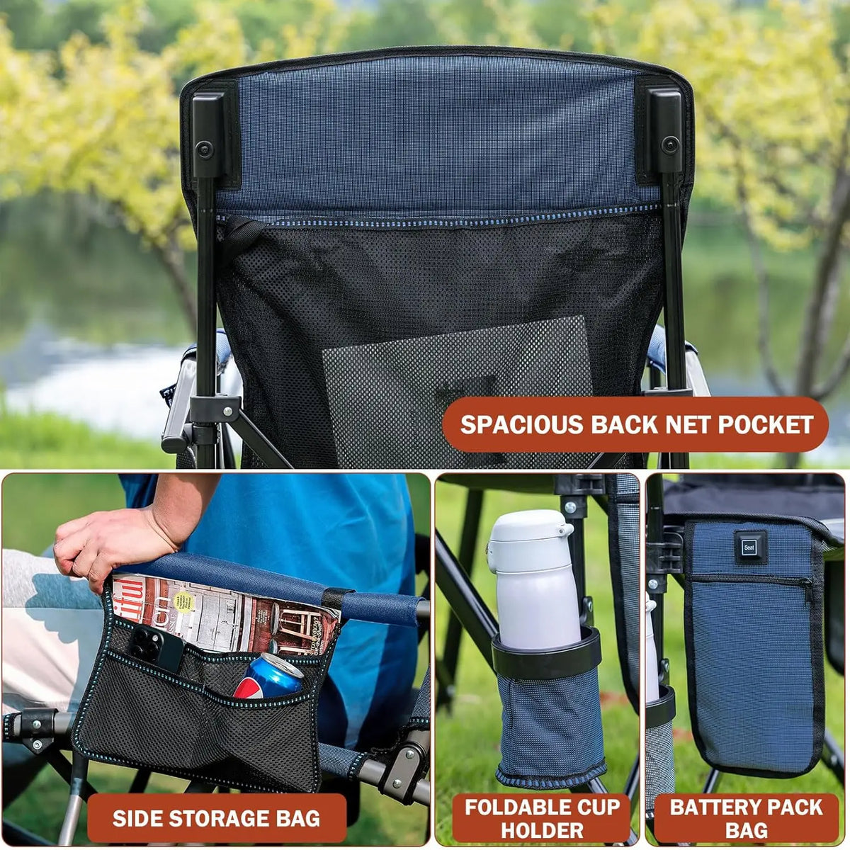 Chaise de camping pliante chauffante avec porte-gobelet, ultra portable et robuste pour usage extérieur