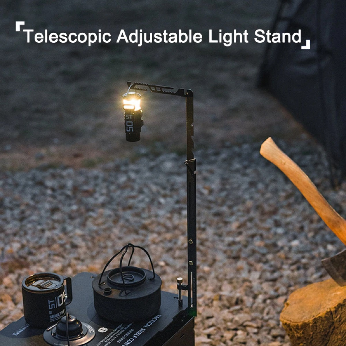 Support lumineux portable réglable en acier inoxydable TrailNova pour camping, éclairage extérieur et voyages
