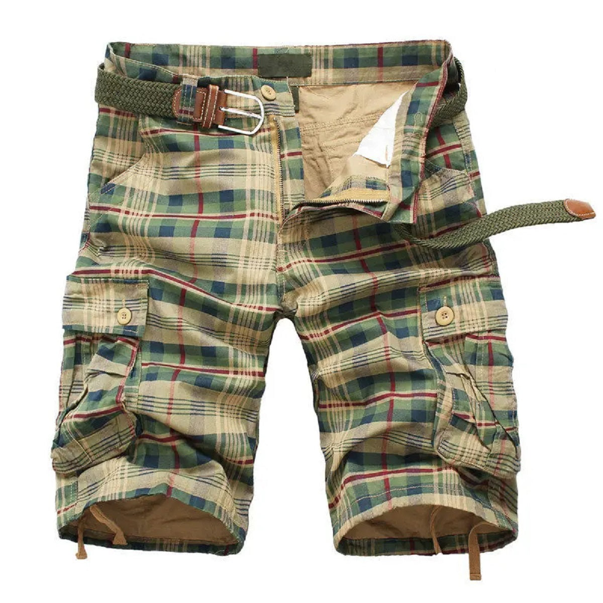 Herrshorts i rutig strandstil för avslappnad sommarbruk med militärinspirerad design – redo för vardagen