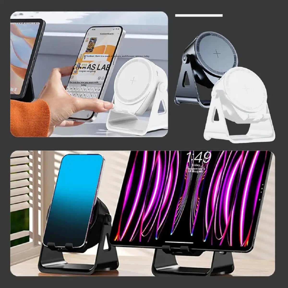 Altavoz Bluetooth con carga inalámbrica, soporte giratorio para teléfono y cargador inductivo para uso diario