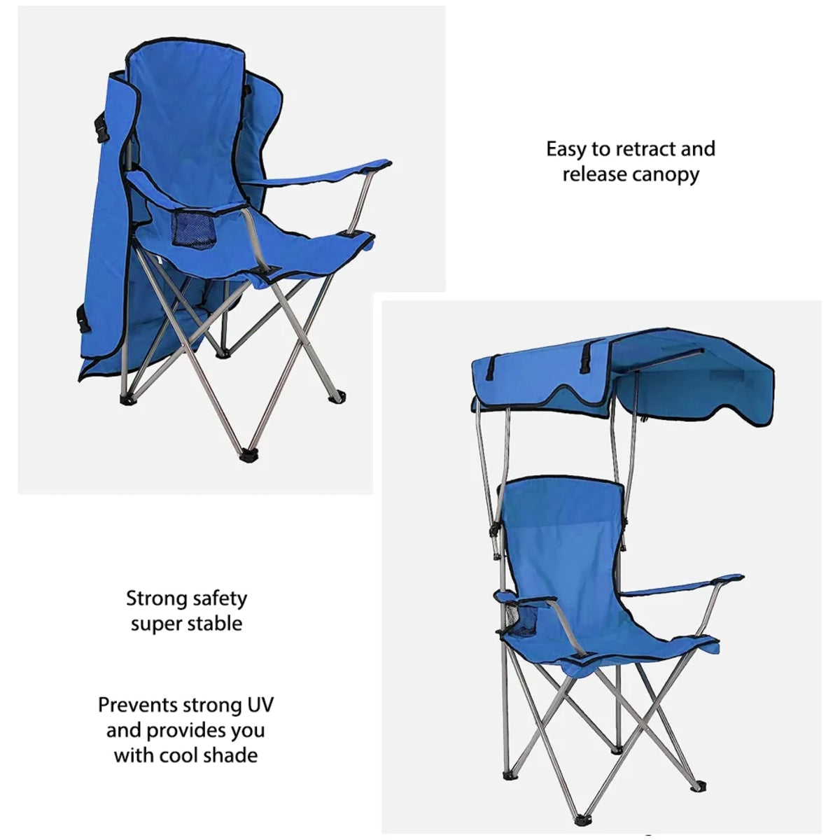 Allt-i-ett hopfällbar campingstol med skugga för bekväm utomhusvandring, strand- och fisketurer