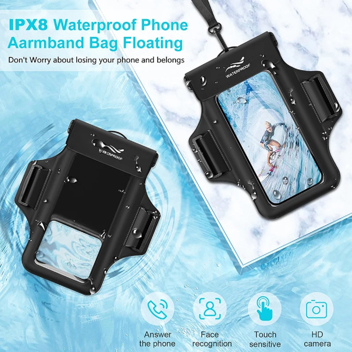 Étui brassard étanche pour téléphone avec sangle amovible pour activités nautiques en plein air partout