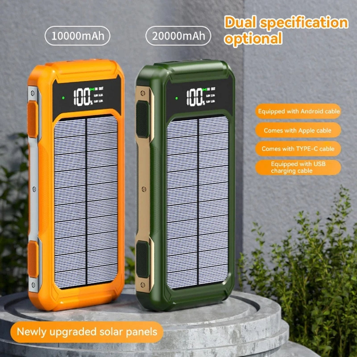 4-i-1 solcelle powerbank med hurtigopladning, mobilbatteri og LED-lys til udendørs brug overalt