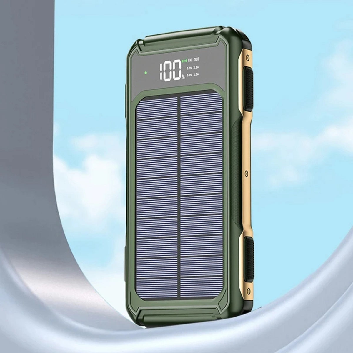 4-i-1 solcelle powerbank med hurtigopladning, mobilbatteri og LED-lys til udendørs brug overalt