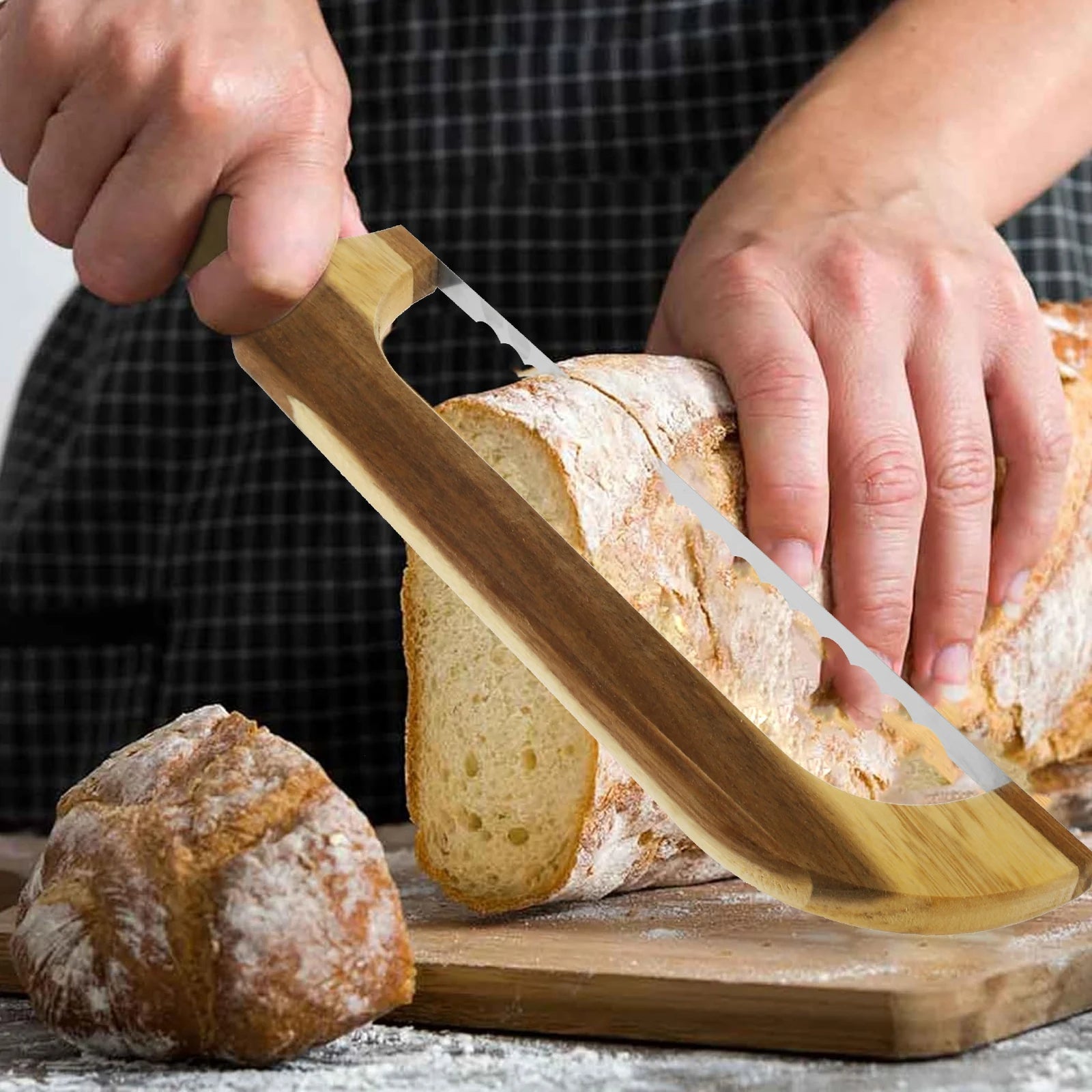 Fogazott fa kenyérvágó bagelhez és kovászos kenyérhez, ideális ropogós kenyerekhez, tartós kenyérvágó eszköz