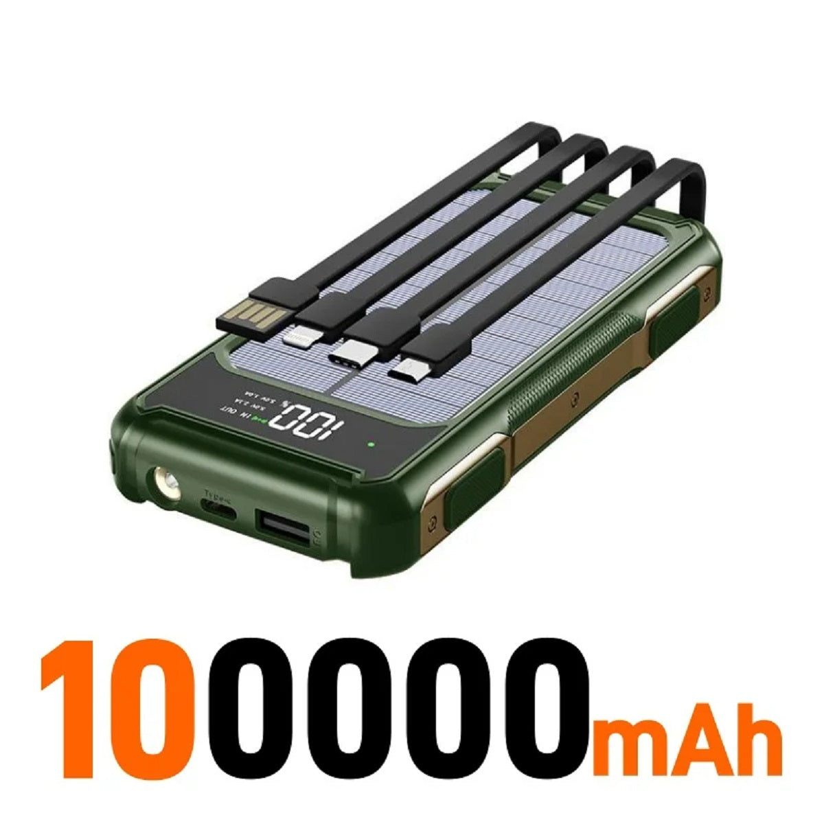 4-i-1 solcelle powerbank med hurtigopladning, mobilbatteri og LED-lys til udendørs brug overalt