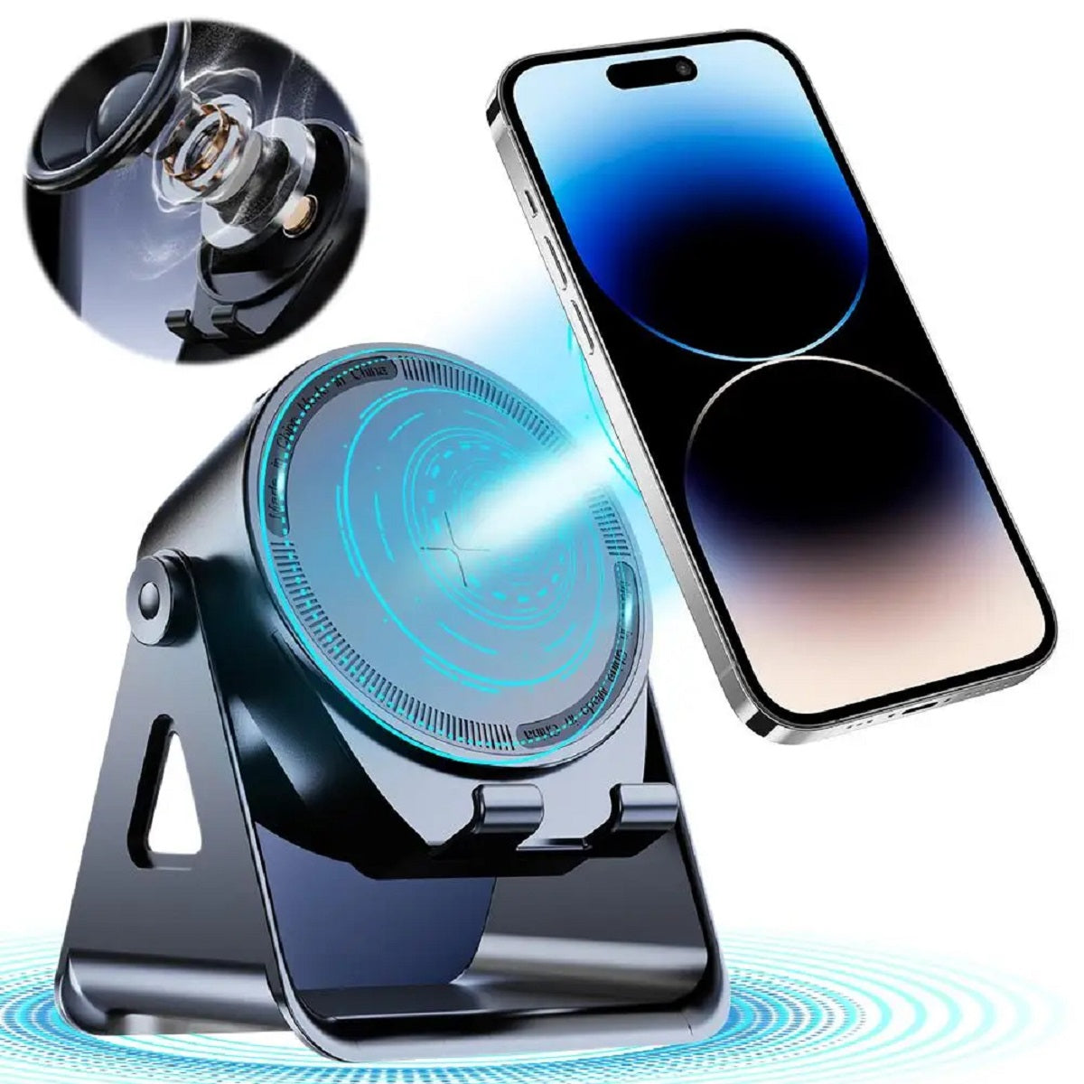 Altavoz Bluetooth con carga inalámbrica, soporte giratorio para teléfono y cargador inductivo para uso diario