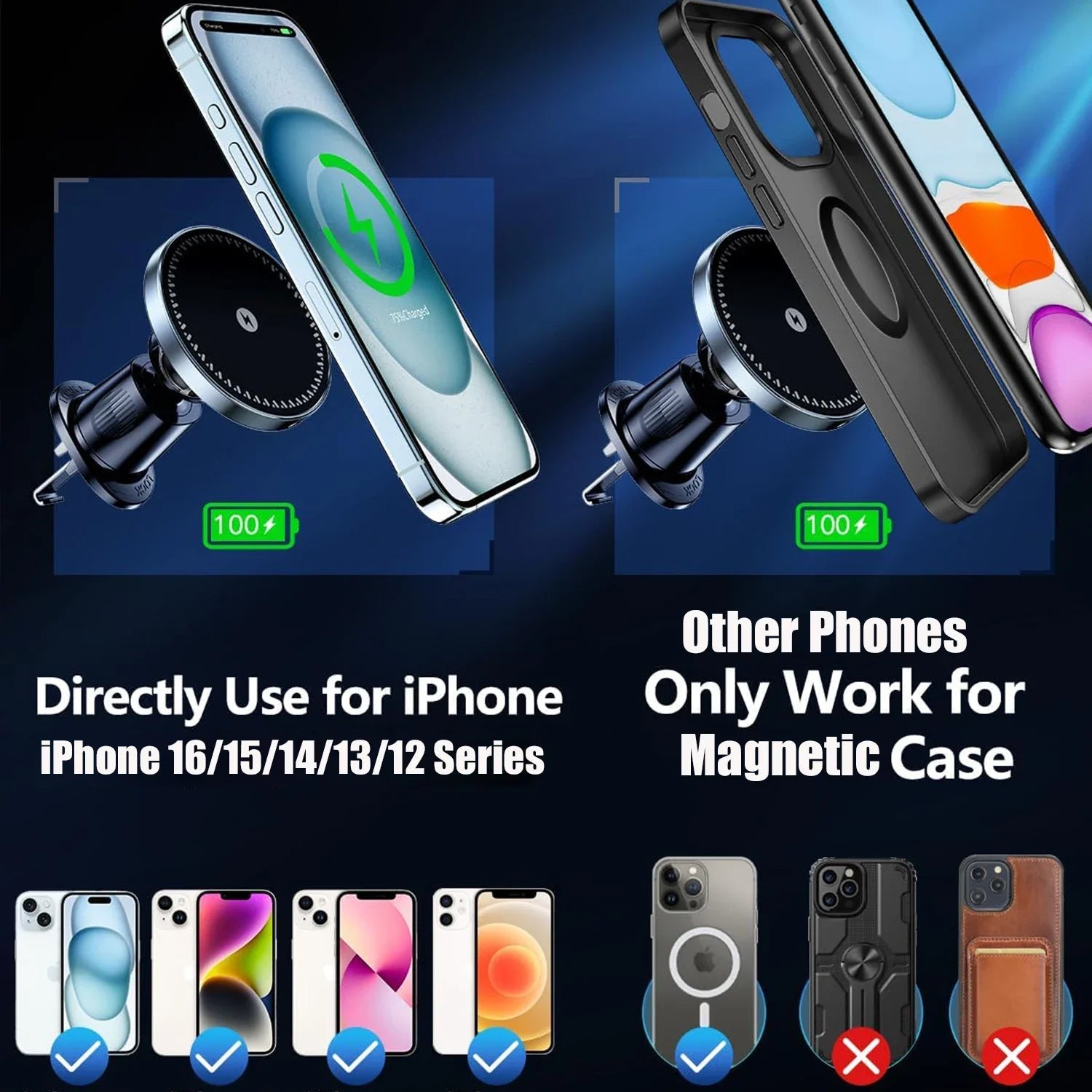 NovaDrive 15W magnetisk trådløs biloplader med luftventiltelefonholder til iPhone og bilmontering
