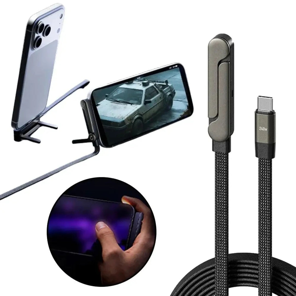Καλώδιο Γρήγορης Φόρτισης USB-C σε USB-C με Σχεδιασμό Γωνιακού Αγκώνα και Αναδιπλούμενη Βάση Στήριξης Κινητού