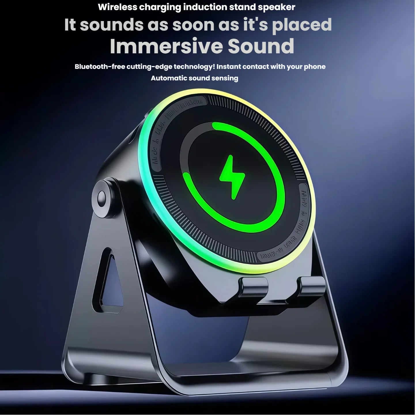Altavoz Bluetooth con carga inalámbrica, soporte giratorio para teléfono y cargador inductivo para uso diario