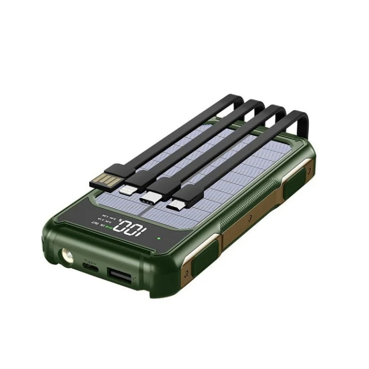 4-i-1 solcelle powerbank med hurtigopladning, mobilbatteri og LED-lys til udendørs brug overalt