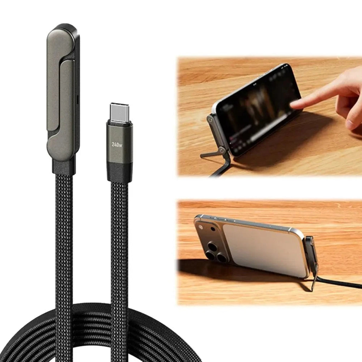 Καλώδιο Γρήγορης Φόρτισης USB-C σε USB-C με Σχεδιασμό Γωνιακού Αγκώνα και Αναδιπλούμενη Βάση Στήριξης Κινητού