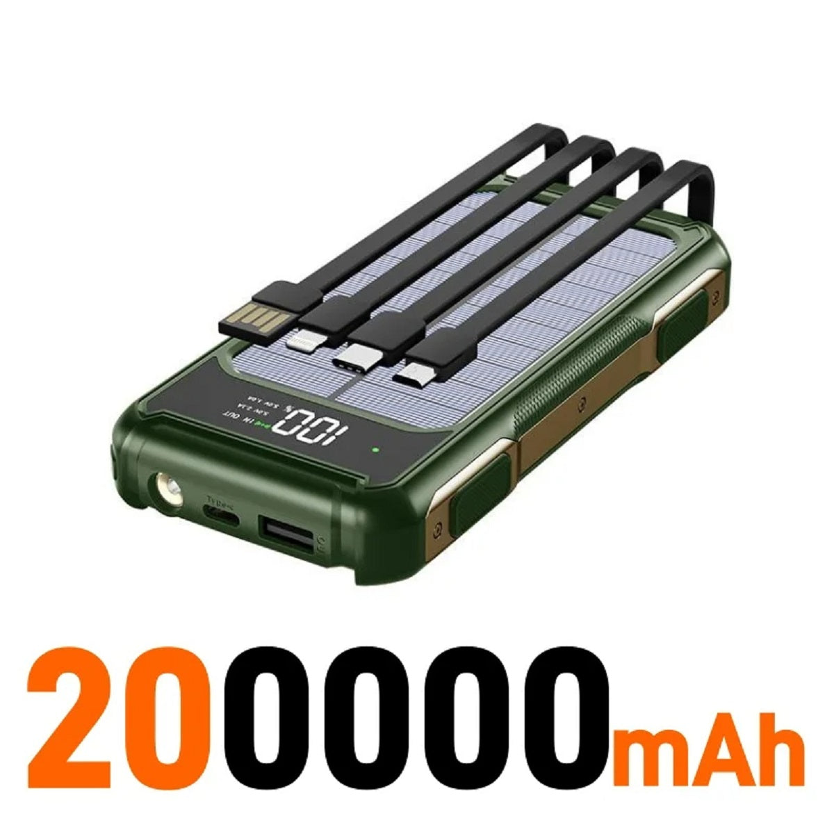 4-i-1 solcelle powerbank med hurtigopladning, mobilbatteri og LED-lys til udendørs brug overalt