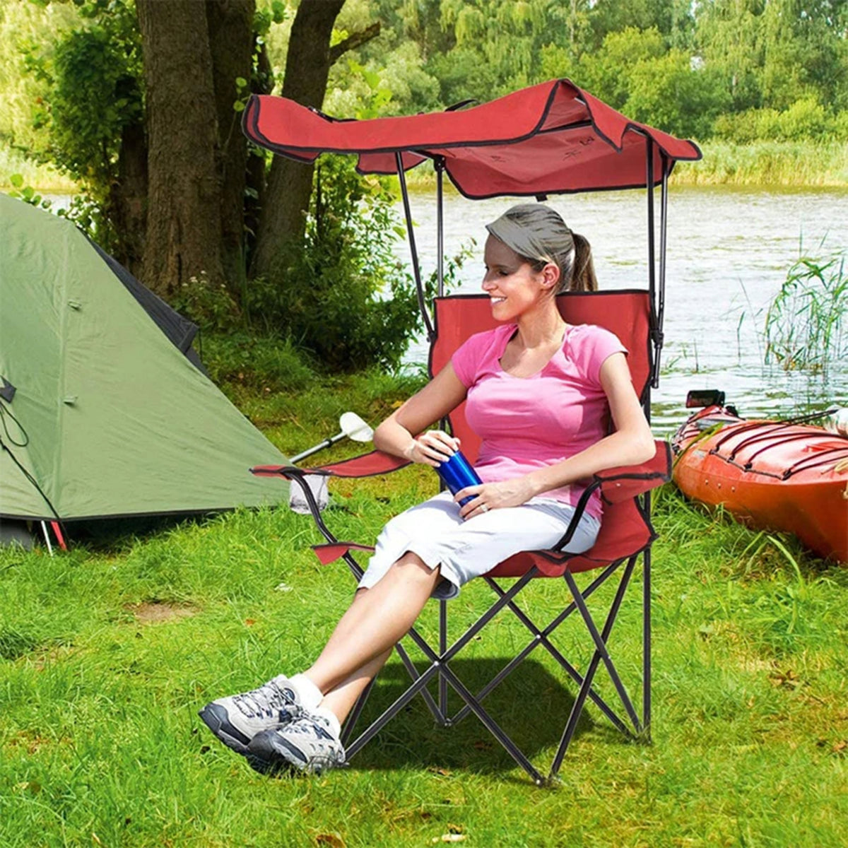 Allt-i-ett hopfällbar campingstol med skugga för bekväm utomhusvandring, strand- och fisketurer