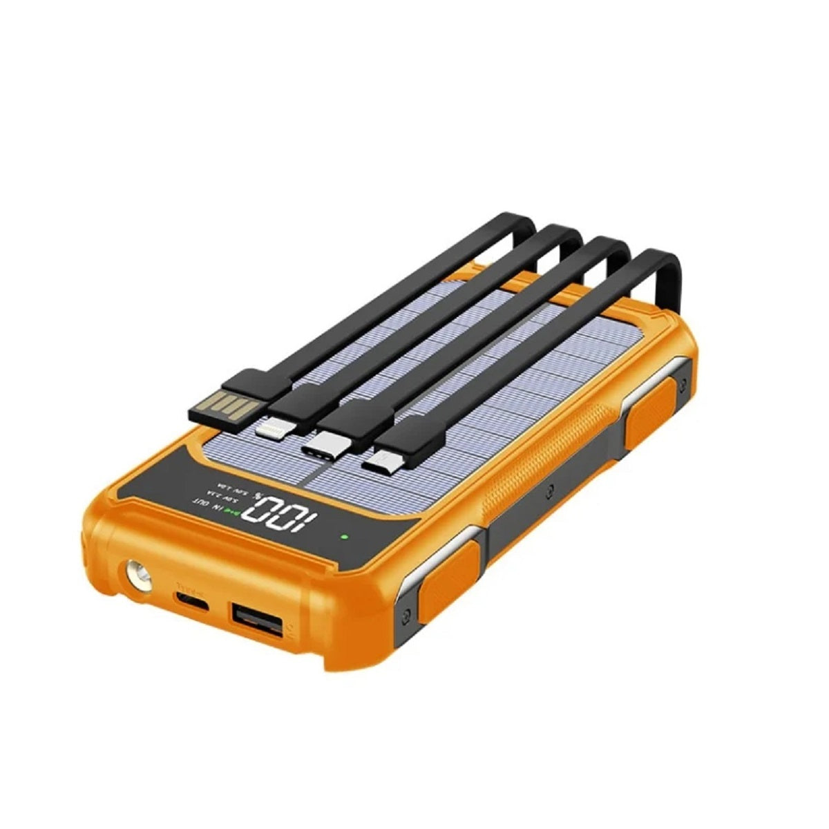 4-i-1 solcelle powerbank med hurtigopladning, mobilbatteri og LED-lys til udendørs brug overalt