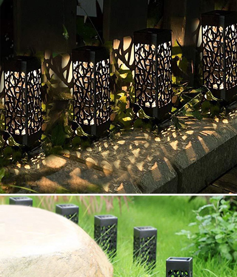 Solcellsdriven utomhuslykta med svart utskuren metallgolvlampa för gångvägar, uteplatser och trädgårdar